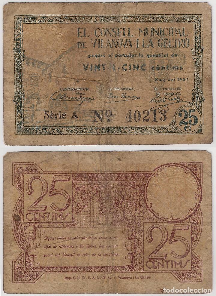 Billetes locales: VILANOVA Y LA GELTR&Uacute;. 1937. 25 C&Eacute;NTIMOS (RC) - Foto 1
