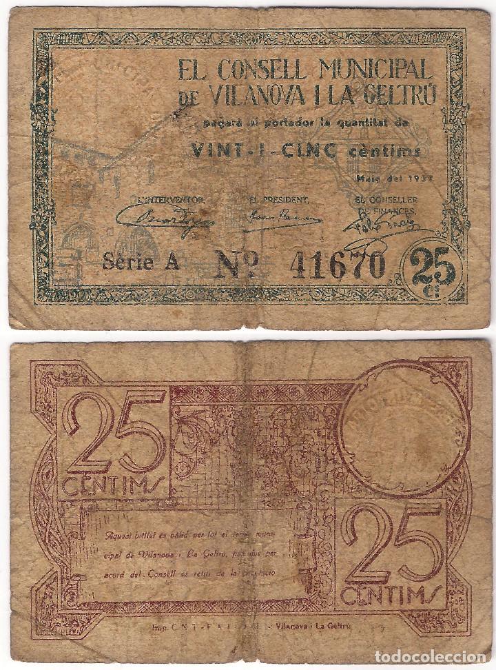 Billetes locales: VILANOVA Y LA GELTR&Uacute;. 1937. 25 C&Eacute;NTIMOS (RC) - Foto 1