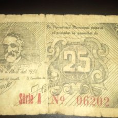 Billetes locales: BILLETE DE 25 CÉNTIMOS. CONSELL MUNICIPAL DE REUS. 14 DE ABRIL DE 1937.