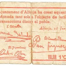 Billetes locales: ALFORJA (TARRAGONA), BILLETE DE 1 PESETA DE 15 DE JUNIO DE 1937. RARO LOTE 1507. Lote 217922575