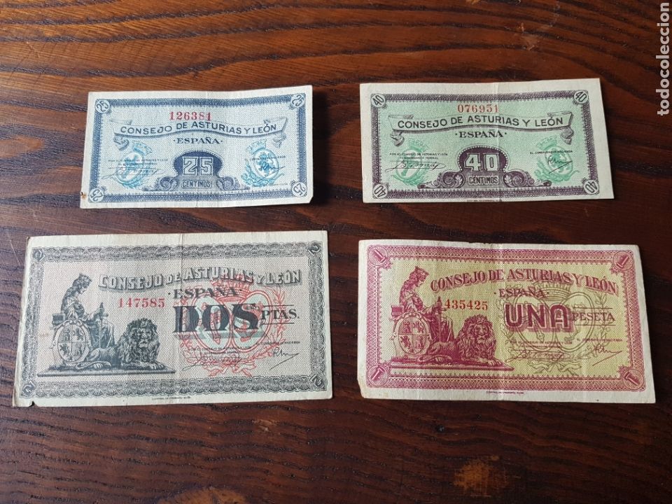 Billetes locales: 4 BILLETES CONSEJO DE ASTURIAS Y LE&Oacute;N 25 y 40 C&Eacute;NTIMOS Y 1 Y 2 PESETAS