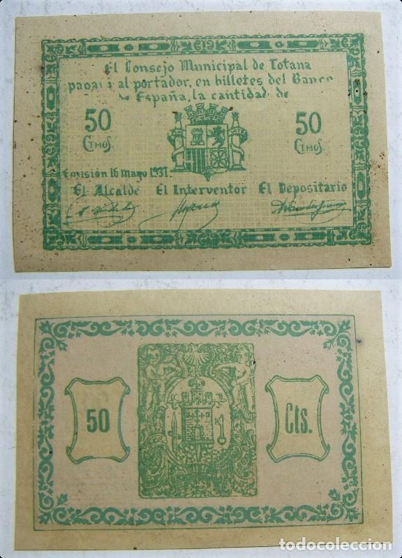 Notas locais: BILLETE DE 50 CENTIMOS DEL CONSEJO MUNICIPAL DE TOTANA DEL A&Ntilde;O 1937