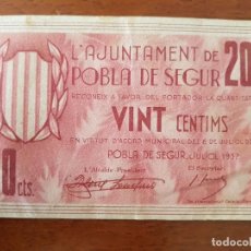 Billetes locales: AJUNTAMENT POBLA DE SEGUR. 1937. Lote 228818675