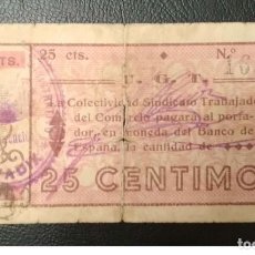 Billetes locales: BILLETE LOCAL DE ANDALUCÍA DE 25 CÉNTIMOS DE GUADIX DEL AÑO 1937, MUY RARO. Lote 251899515