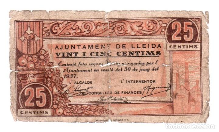 Billetes locales: AJUNTAMENT DE LLEIDA - 25 CENTIMS, 1937 - Foto 1