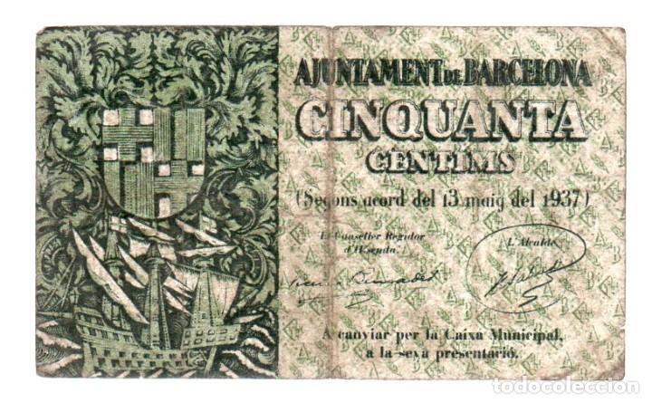 Billetes locales: AJUNTAMENT DE BARCELONA 50 CENTIMS, 1937 - Foto 1