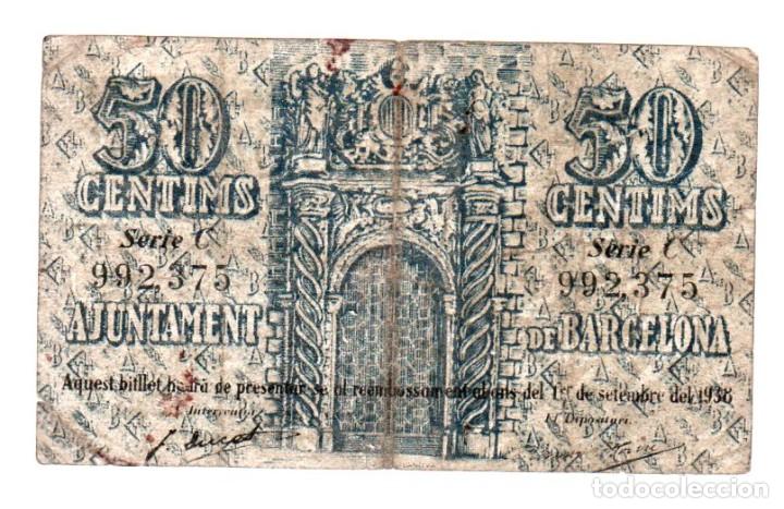 Billetes locales: AJUNTAMENT DE BARCELONA 50 CENTIMS, 1937 - Foto 2