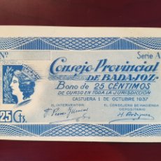 Billetes locales: 25 CENTIMOS 1937 . II REPUBLICA . CONSEJO PROVINCIAL BADAJOZ