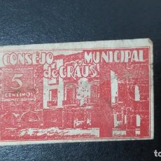 Billetes locales: BILLETE DE 5CTS, CONSEJO MUNICIPAL DE GRAUS, 1937. Lote 269440928