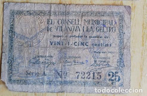 Billetes locales: Billete 25 centimos vilanova y la geltru - Foto 1