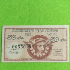 Billetes locales: UN BILLETE DE 50 CENTIMOS DEL AJUNTAMENT DE VIC. DE 7 DE JUNIO DE 1937. Lote 272767998