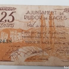 Banconote locali: RIUDOR DE BAGES. AJUNTAMENT. 25 CENTIMS. Lote 290498778