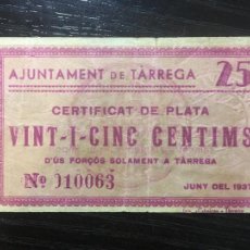 Banconote locali: TÀRREGA LLEIDA - BILLETE LOCAL GUERRA CIVIL AJUNTAMENT - 50 CÈNTIMS 1937. Lote 297663943