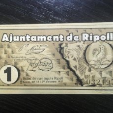 Banconote locali: BILLETE LOCAL AJUNTAMENT DE RIPOLL - 1 PESETA 1937. Lote 297666293