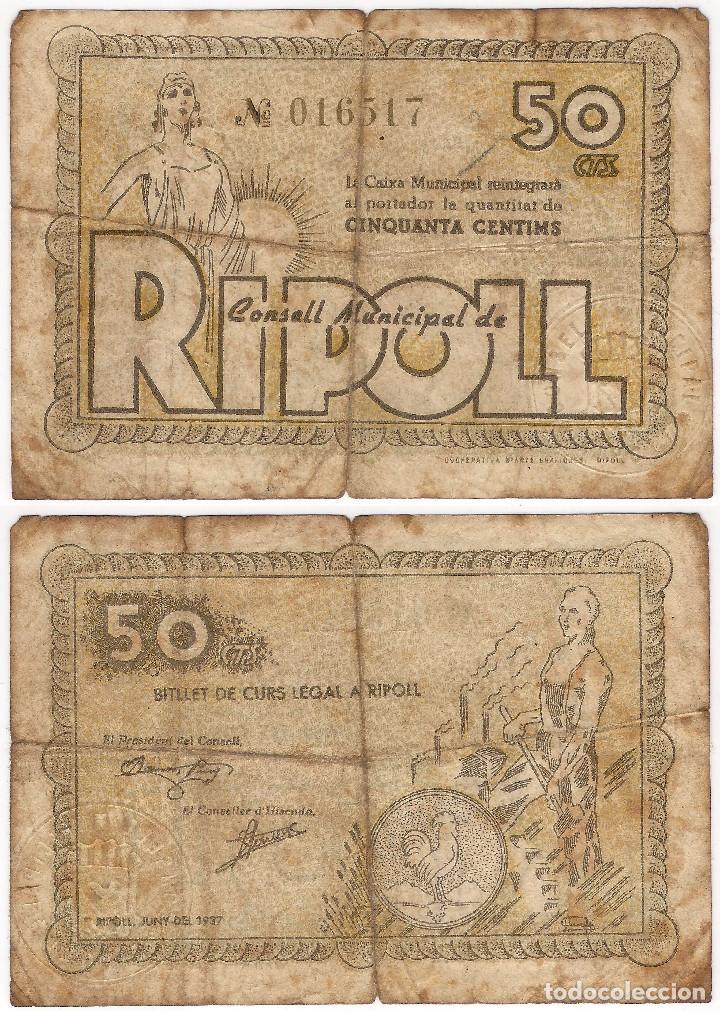 Billetes locales: Ripoll. 1937. 50 C&eacute;ntimos (RC) Roturas - Foto 1