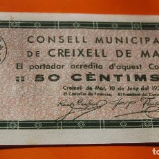 Billetes locales: BILLETE 50 CÉNTIMOS, CREIXELL DE MAR 1937, GUERRA CIVIL. Lote 299271433