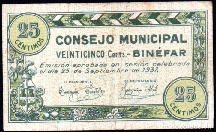 Billetes locales: BINEFAR (HUESCA) - 25 CENTIMOS 1937 - Foto 1