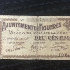 Banconote locali: BILLETE LOCAL AJUNTAMENT DE FIGUERES - 10 CÉNTIMOS 1937. Lote 303016428