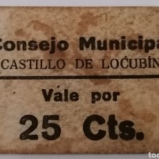 Billetes locales: CASTILLO DE LOCUBIN. JAEN. CONSEJO MUNICIPAL. VALE 25 CENTIMOS. RARÍSIMO. Lote 304688978