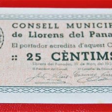 Billetes locales: 25 CÈNTIMS, LLORENS DEL PANADÉS, BILLETE DE 1937. Lote 305031843