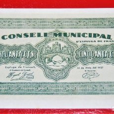 Billetes locales: 50 CÈNTIMS, D'ESPLUGA DE FRANCOLÍ, BILLETE DE 1937. Lote 305033383