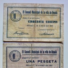 Billetes locales: 2 X BILLETE LOCAL/MUNICIPAL BESALU 50 CENTIMOS + 1 PESETA 1937. GUERRA CIVIL