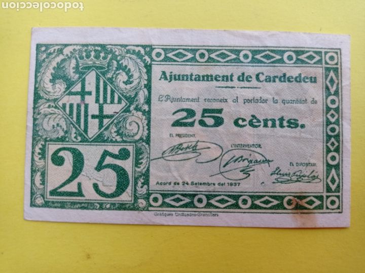 Billetes locales: Ajuntament de cardedeu ,25 centims ,1937 - Foto 1