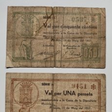 Billetes locales: 2 X BILLETE LOCAL / MUNICIPAL PALAMOS 50 CENTIMOS 1 PESETA 1937. GUERRA CIVIL