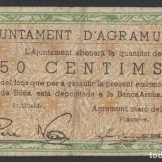 Billetes locales: J.B. BILLETE DE AGRAMUNT , 50 CENTIMOS , 1ª EMISIÓN MARZO 1937, ED.16A , T-6