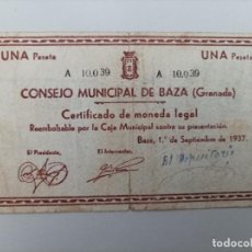 Billetes locales: 1 PESETA DE BAZA(GRANADA) SERIE A, DE LA GUERRA CIVIL, AÑO 1937,MUY RARO