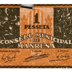 Billetes locales: BILLETE DEL AYUNTAMIENTO DE MANRESA DE 1 PESETA ROTURA. Lote 358203390