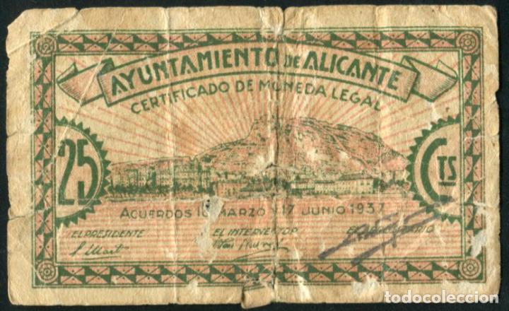 Billetes locales: ALICANTE - 25 CENTIMOS 1937 - Foto 2