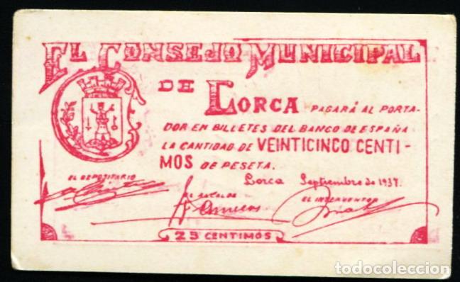 Billetes locales: LORCA (MURCIA) - 25 CENTIMOS 1937 - Foto 2