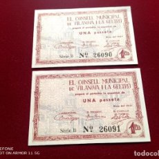 Billetes locales: CONSELL MUNICIPAL DE VILANOVA UNA PESETA PAREJA CORELATIVA DE BILLETES GUERRA CIVIL 1937. Lote 361555810