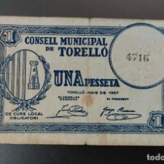Billetes locales: BILLETE LOCAL DE UNA PESETA DE TORRELLÓ. Lote 362790015