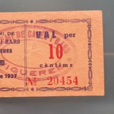 Billetes locales: GREMI DE CAFÈS I BARS DE FIGUERES. BILLETE OCTUBRE 1937. GUERRA CIVIL 10 CTS. Lote 363759060