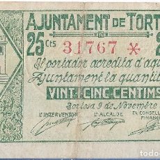 Billetes locales: BILLETE 25 CENTIMOS TORTOSA (TARRAGONA) Nº 31767 09-11-37. Lote 366592846