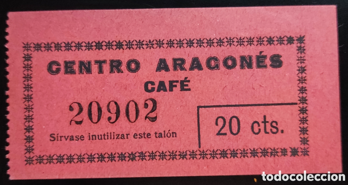 Billetes locales: Vale/ticket - Centro Aragon&eacute;s - Caf&eacute; - 20 cts - Foto 1