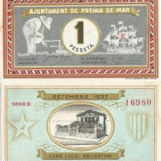 Billetes locales: BILLETE PREMIA DE MAR - 1 PESETA - 1937 - NO CIRCULADO. Lote 375884669