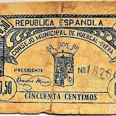 Billetes locales: ESPAÑA- GUERRA CIVIL - CONSEJO MUNICIPAL DE HUERCAL-OVERA (ALMERÍA). 50 CÉNTIMOS MAYO 1937- MUY RARO. Lote 382322509