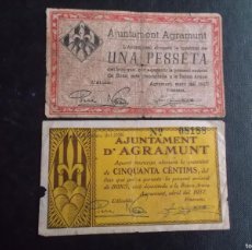 Billetes locales: CONJUNTO DE 2 BILLETES LOCALES DE AGRAMUNT LERIDA 1937 ESCASOS