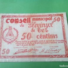 Billetes locales: GLEVINÑOL DE TER BILLETE DE 50 CTS CONSELL MUNUICIPAL ,1937 , VER