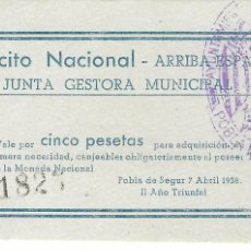 Billetes locales: POBLA DE SEGUR **EJERCITO NACIONAL -ARRIBA ESPAÑA** VALE POR CINCO PESETAS. Lote 400695264