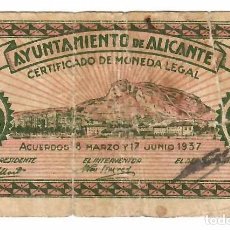 Billetes locales: BILLETE AYUNTAMIENTO ALICANTE 25 CENTIMOS 1937 GUERRA CIVIL. Lote 401292154