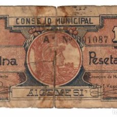 Billetes locales: ALGEMESI (VALENCIA) 1 PESETA 1937 GUERRA CIVIL. Lote 401292219