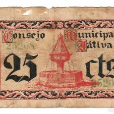 Billetes locales: BILLETE JATIVA 25 CENTIMOS 1937 . GUERRA CIVIL. Lote 401292269
