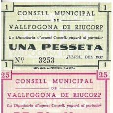 Billetes locales: CONSELL MUNICIPAL DE VALLFOGONA DE RIUCORP **UNA PESSETA , 50 Y 25 CENTIMS ** SIN CIRCULAR. Lote 401630229
