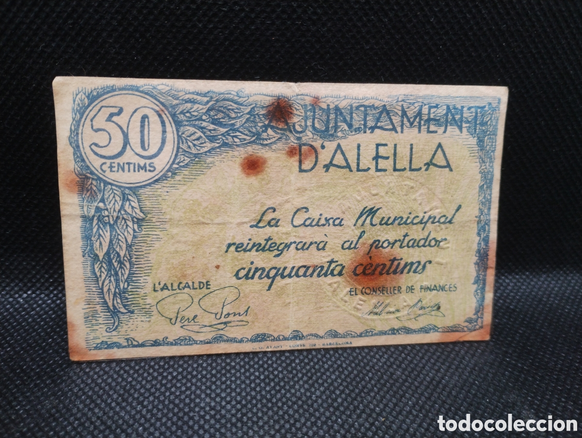Billetes locales: Billete 50 centimos del ajuntament dAlella - Foto 1