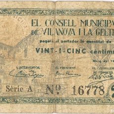 Banconote locali: ESPAÑA - SPAIN 25 CÉNTIMOS 1937 VILANOVA I LA GELTRÚ G-10832
