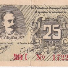 Banconote locali: BILLETE DE 25 CENTIMOS DEL CONSELL MUNICIPAL DE REUS DEL AÑO 1937 SERIE C